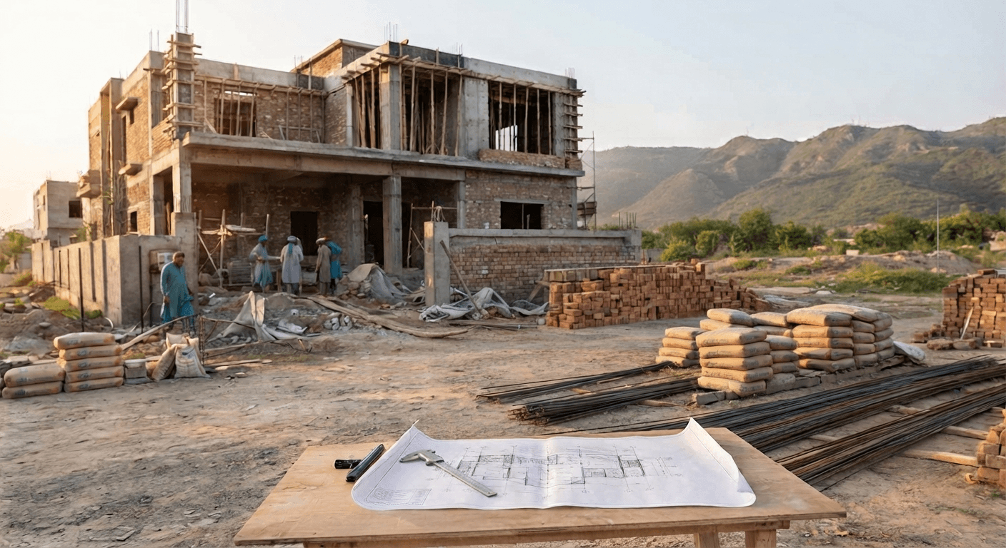 Commercial building under construction with reinforced concrete framework and structural work