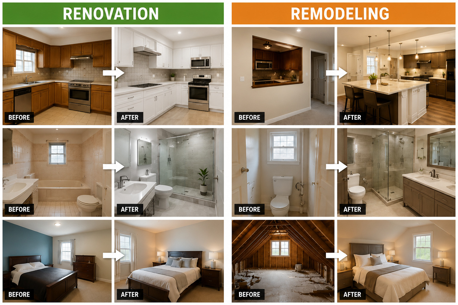 A visual comparison highlighting the difference between home renovation and remodeling, from exterior upgrades to structural modifications.