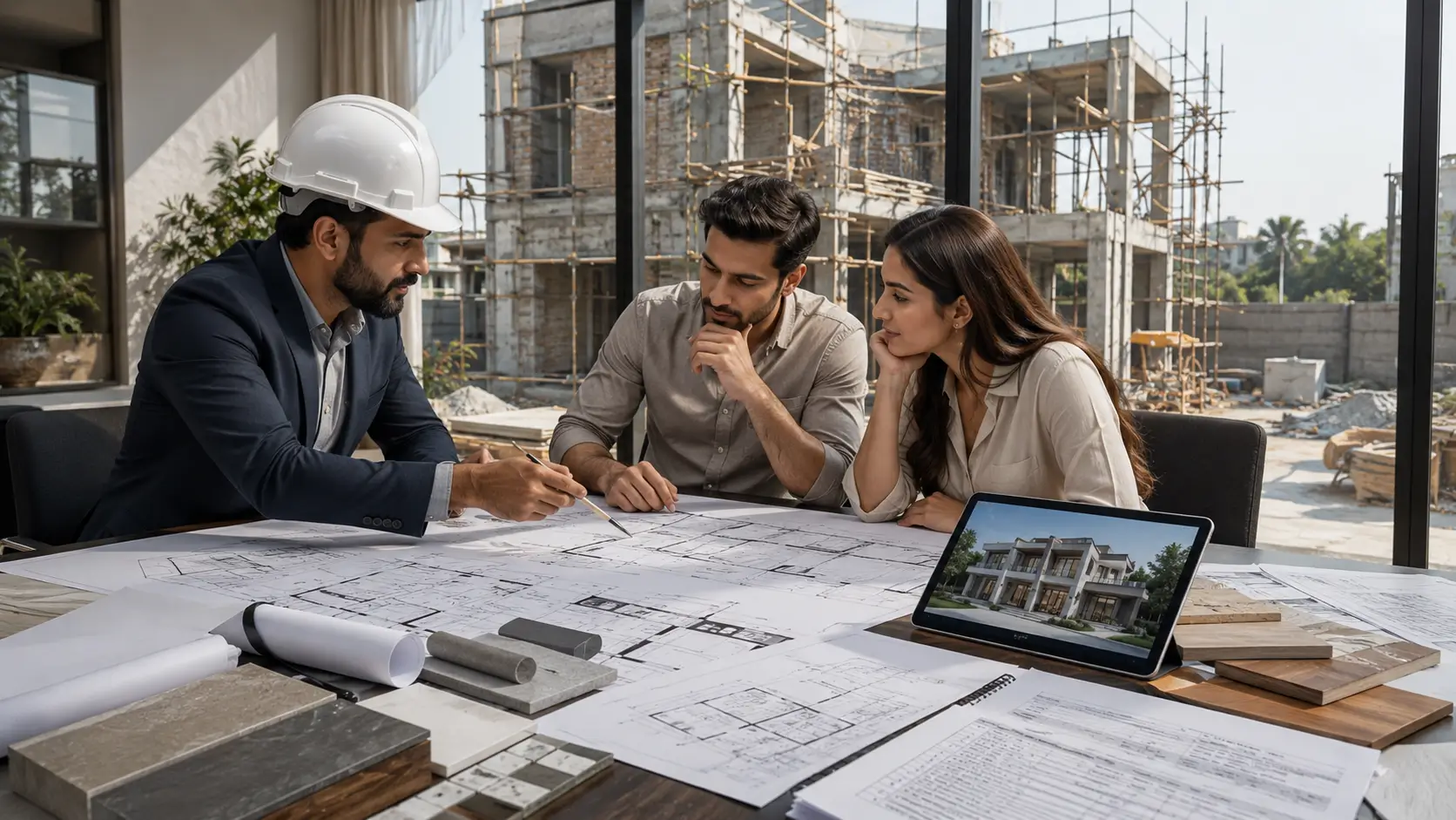 Civil engineer reviewing architectural blueprints and construction plans with homeowners during the planning stage of a luxury home project.