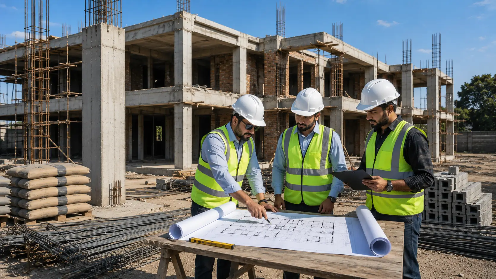 Civil engineer and project supervisors inspecting the grey structure of a luxury home to verify structural quality, engineering standards, and construction progress.