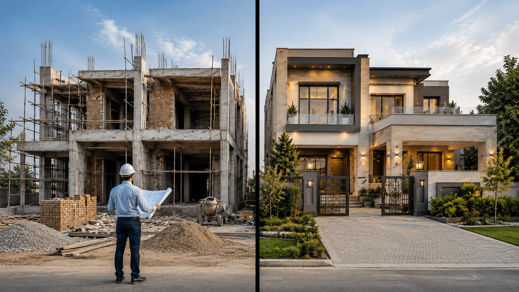Side-by-side comparison of a grey structure under construction and a completed luxury turnkey home, illustrating the difference between grey structure and turnkey construction.