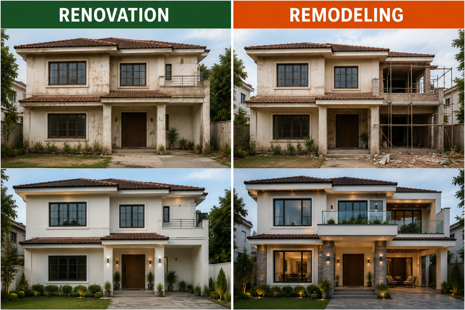 Exterior comparison showing home renovation versus remodeling with before and after transformations, illustrating cosmetic upgrades and structural changes for residential properties in Pakistan.
